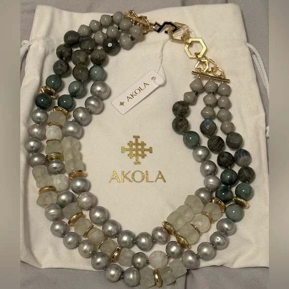 Akola Gorgeous 3 Strand Gray Pearl & Multi Beaded Necklace
